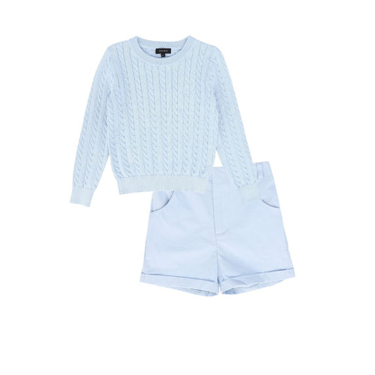 BAMBOO LIGHT BLUE CABLE KNIT SS SWEATER SET