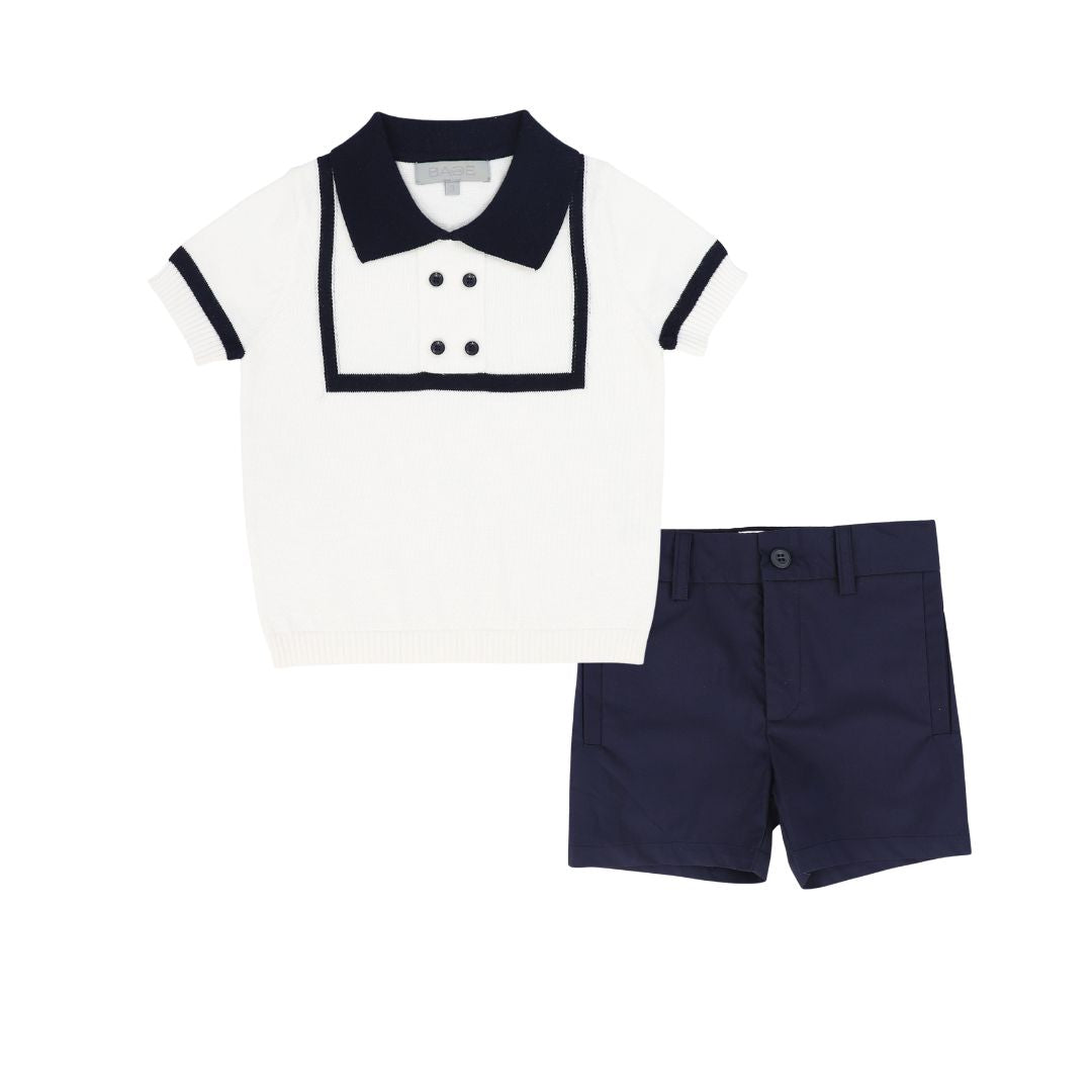 BACE COLLECTION IVORY/NAVY TRIM COLLAR SWEATER SET