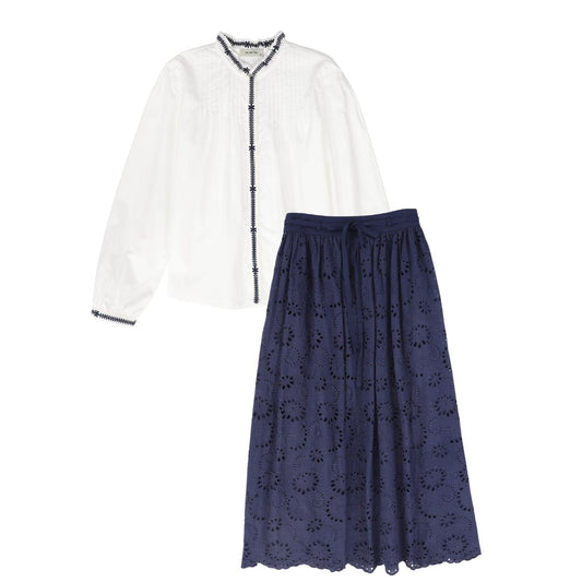 VALENTINA WHITE/NAVY EMBROIDERED TRIM SET