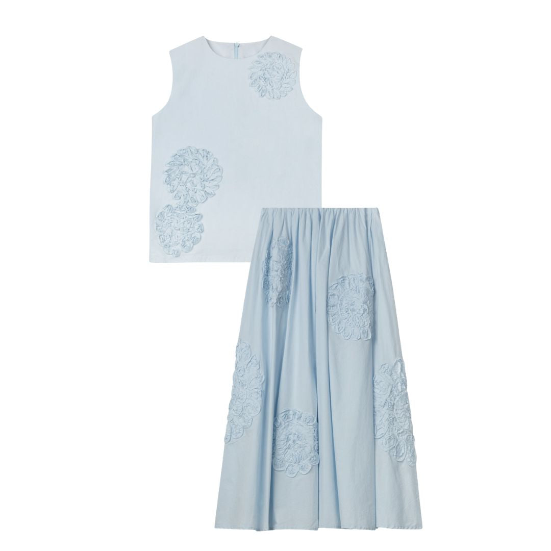 TUSTELLO LIGHT BLUE POPLIN FLOWER APPLIQUE SET