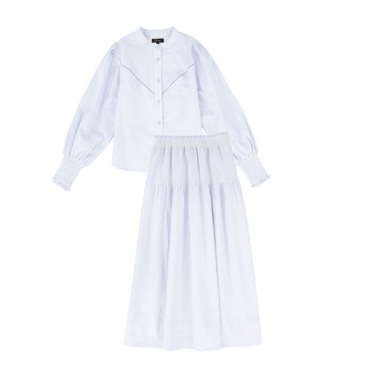 DRESSY LIGHT BLUE STITCHED LINEN BLOUSE SET