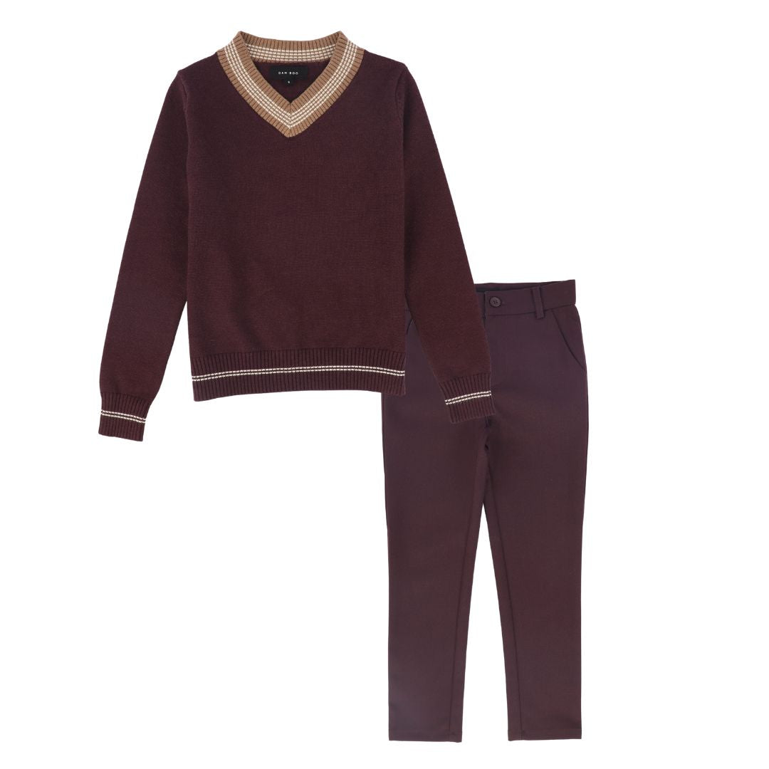 BAMBOO BURGUNDY V-NECK SWEATER SET