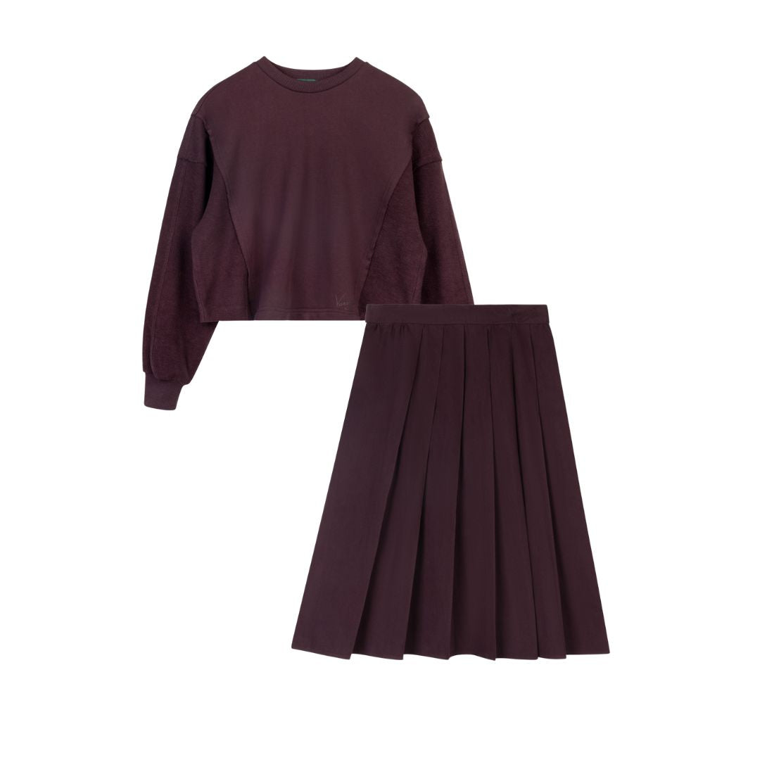 VARSITY 2.0 BURGUNDY DENIM PLEAT SKIRT SET