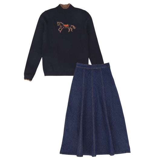 VALENTINA NAVY HORSE PRINT TURTLENECK SET