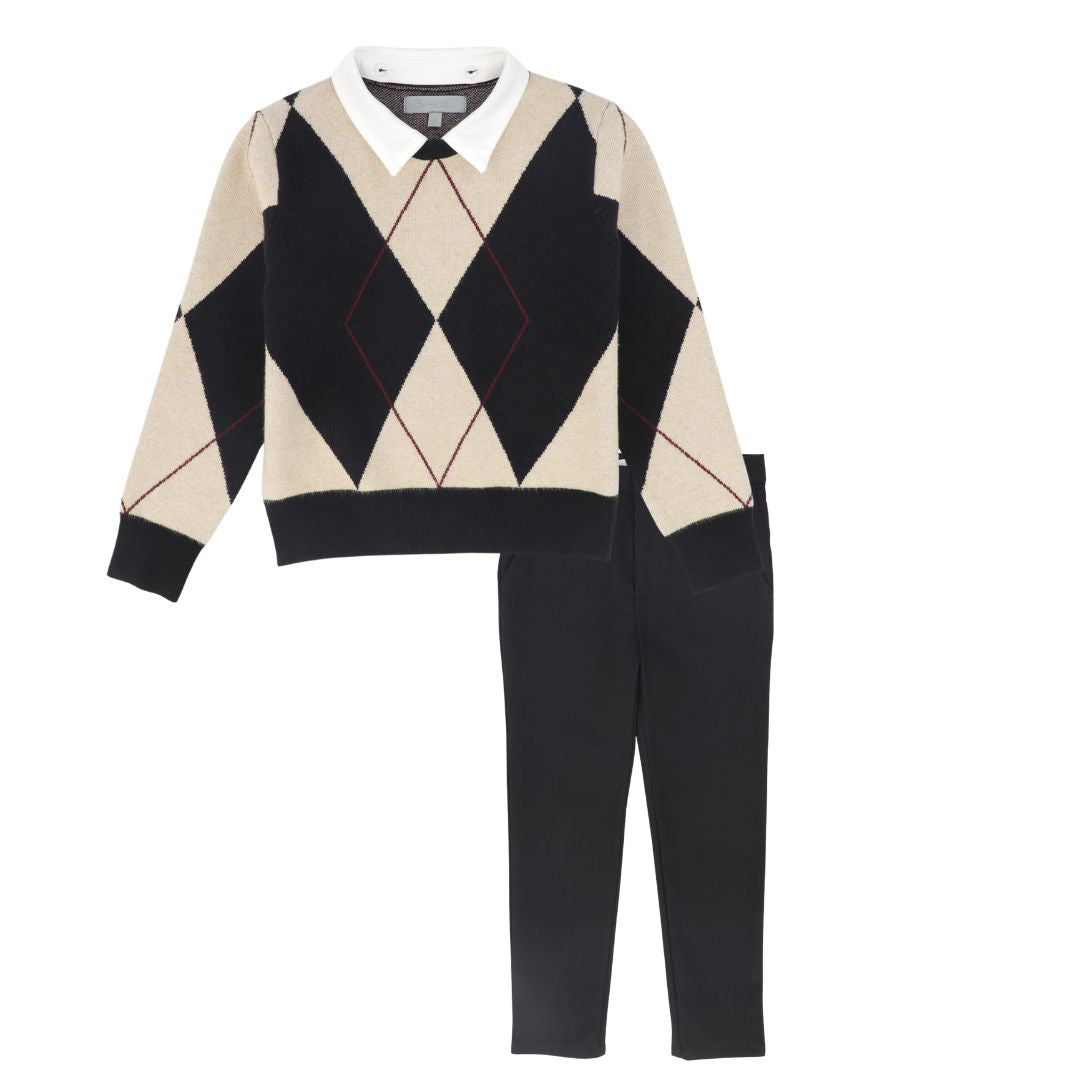 BACE COLLECTION BLACK ARGYLE SWEATER SET
