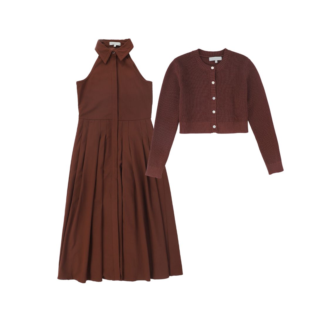 BACE COLLECTION BURGUNDY PLEATED HALTER JUMPER SET