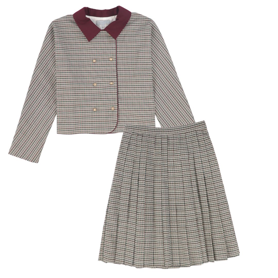BACE COLLECTION BURGUNDY CHECKED WOOL BLAZER SET