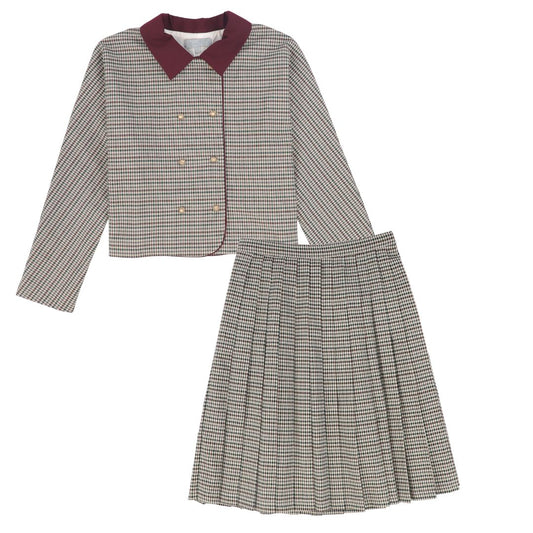BACE COLLECTION BURGUNDY CHECKED WOOL BLAZER SET