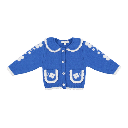 BEBE ORGANIC ROYAL BLUE FLOWER TRIM KNIT CARDIGAN