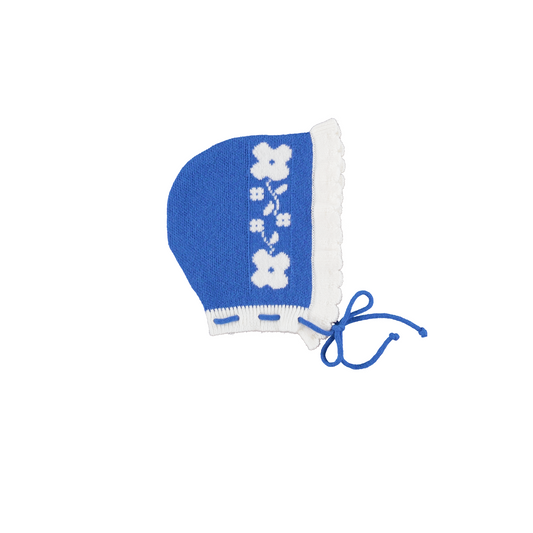 BEBE ORGANIC ROYAL BLUE FLOWER TRIM KNIT BONNET
