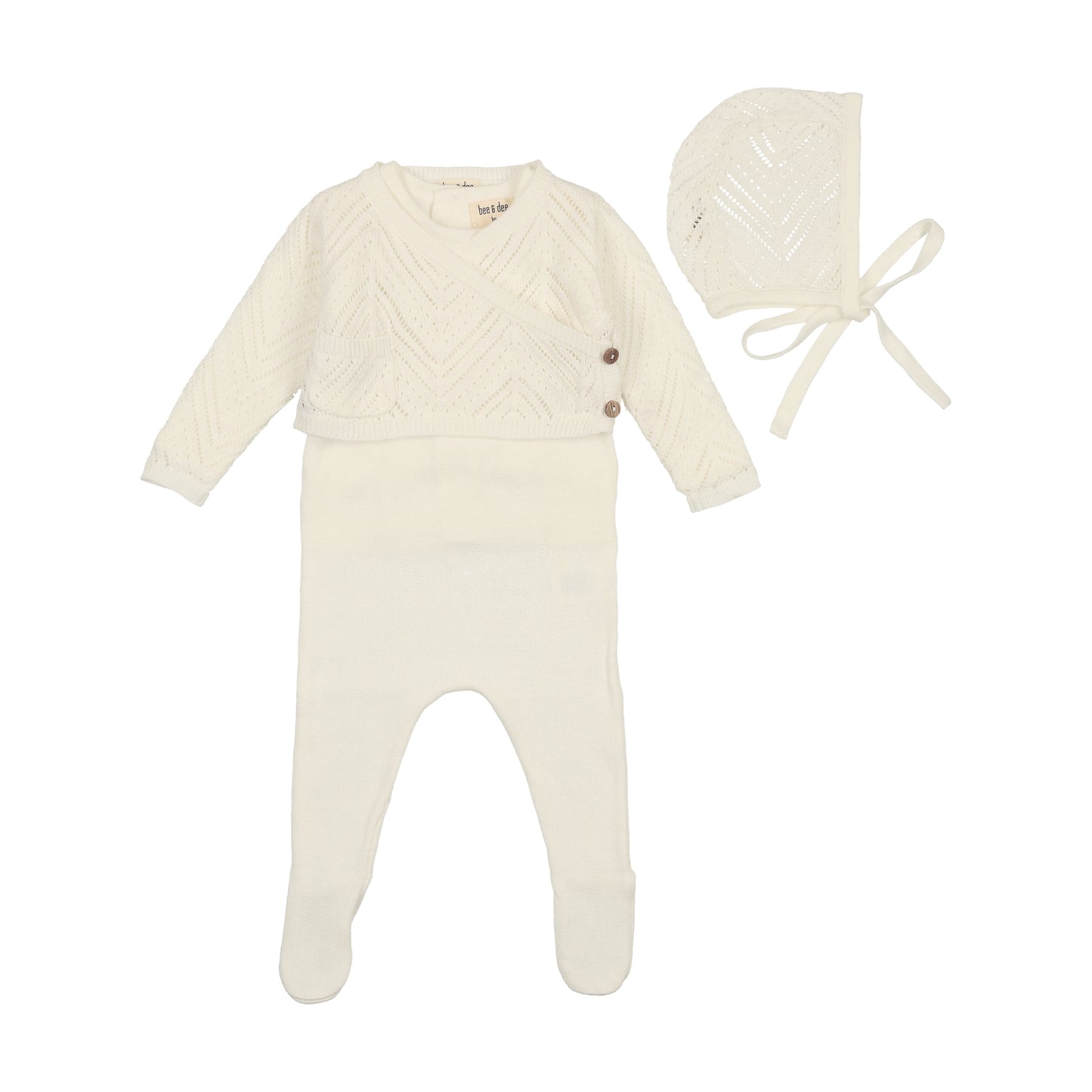 BEE & DEE IVORY CROCHET KNIT FOOTIE + BONNET