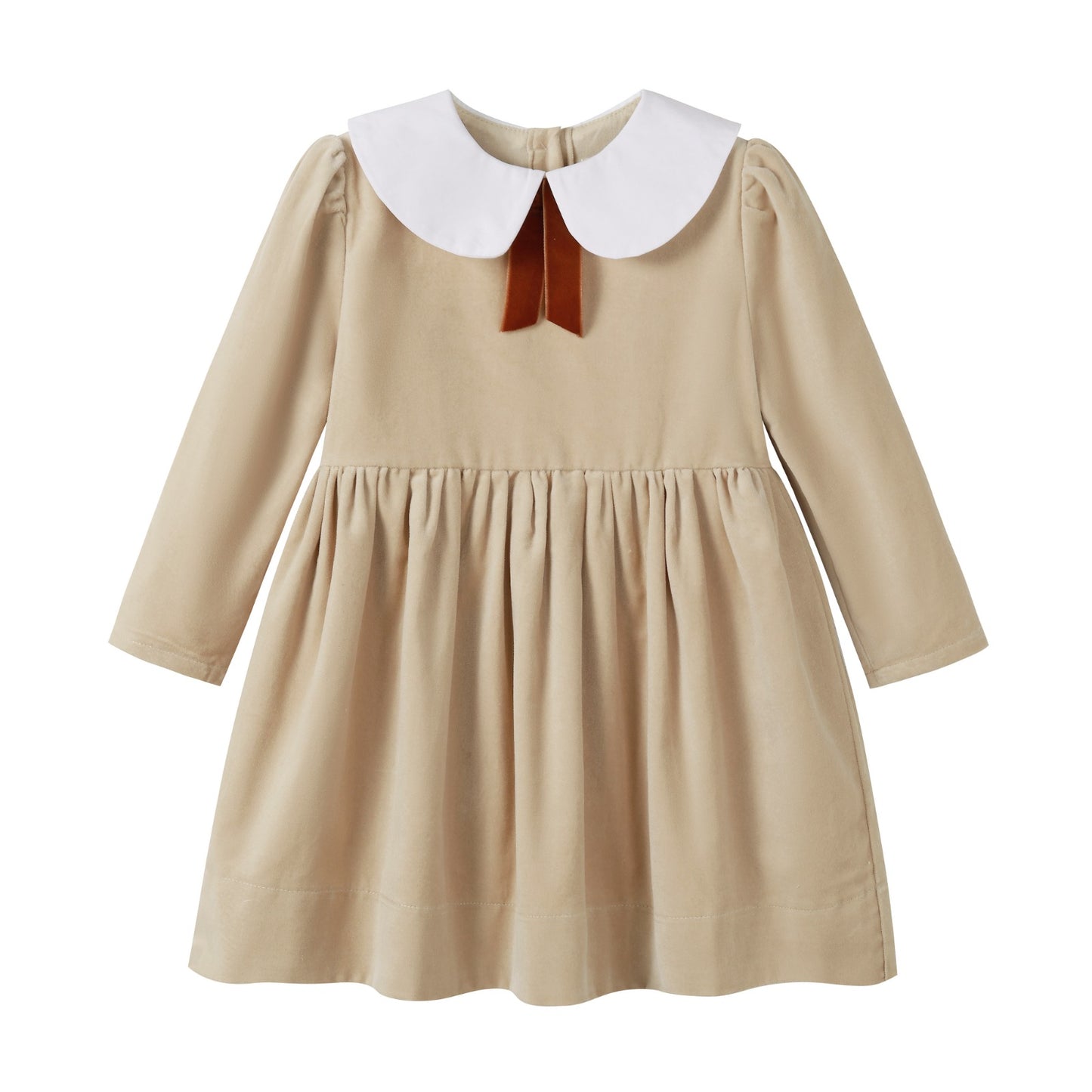 NOUNELLE TAN VELOUR PETER PAN COLLAR TIE DRESS