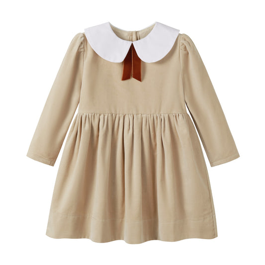 NOUNELLE TAN VELOUR PETER PAN COLLAR TIE DRESS