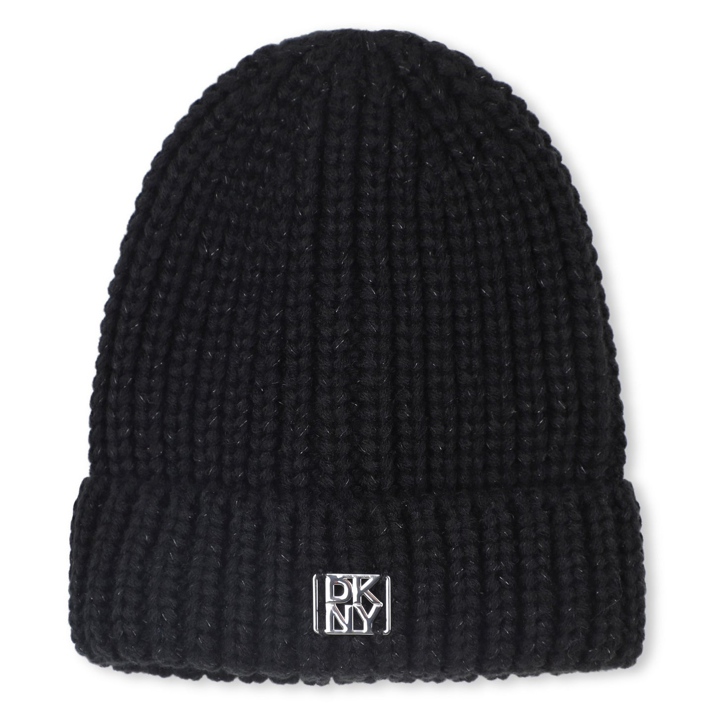 DKNY BLACK RIBBED KNIT LOGO BEANIE