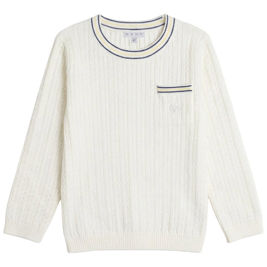 MANN IVORY BRAIDED KNIT TRIM SWEATER