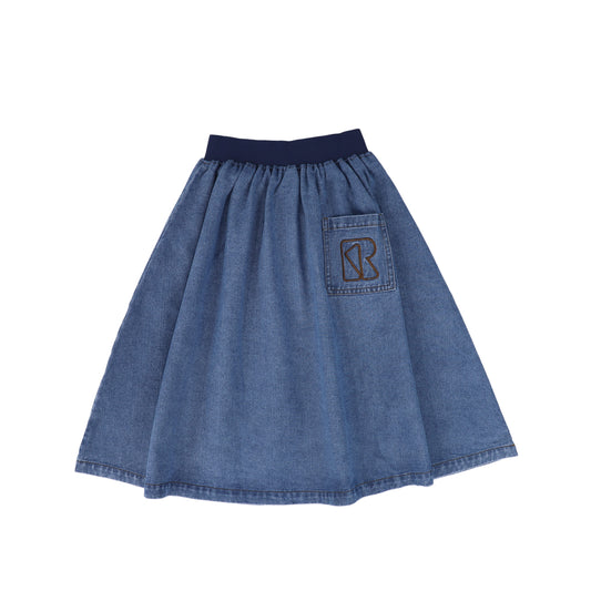 RETRO KID MID BLUE DENIM LOGO POCKET SKIRT