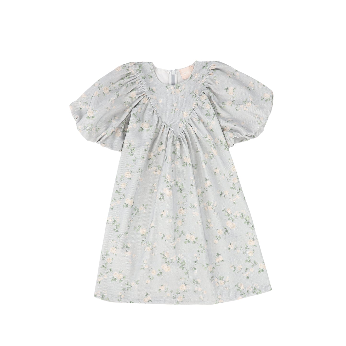 PETITE AMALIE BLUE DENIM FLORAL PUFF SLEEVE DRESS