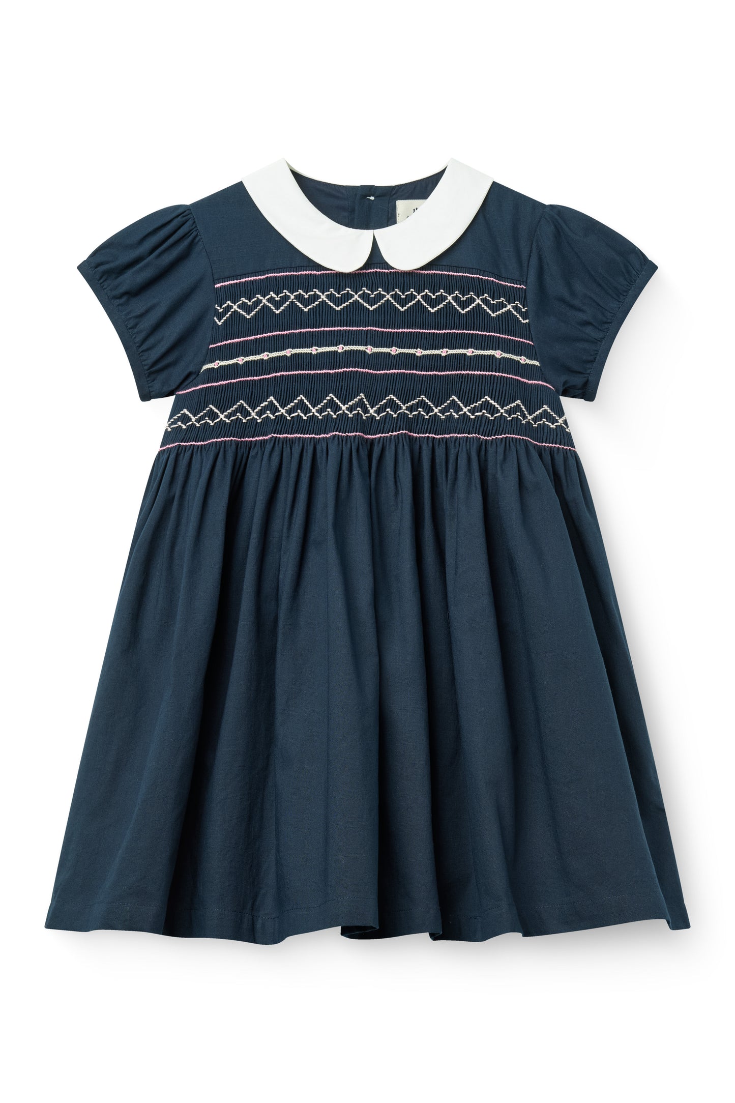 COPENHAGEN COLOR NAVY EMBROIDERED SMOCKED PETER PAN COLLAR DRESS