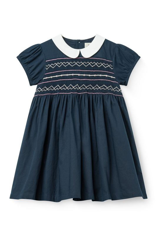 COPENHAGEN COLOR NAVY EMBROIDERED SMOCKED PETER PAN COLLAR DRESS