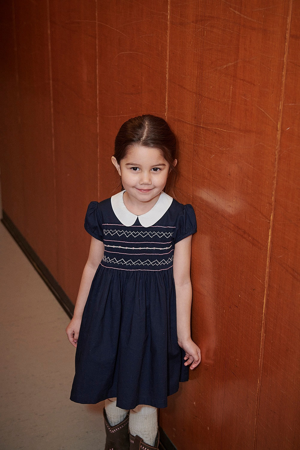 COPENHAGEN COLOR NAVY EMBROIDERED SMOCKED PETER PAN COLLAR DRESS
