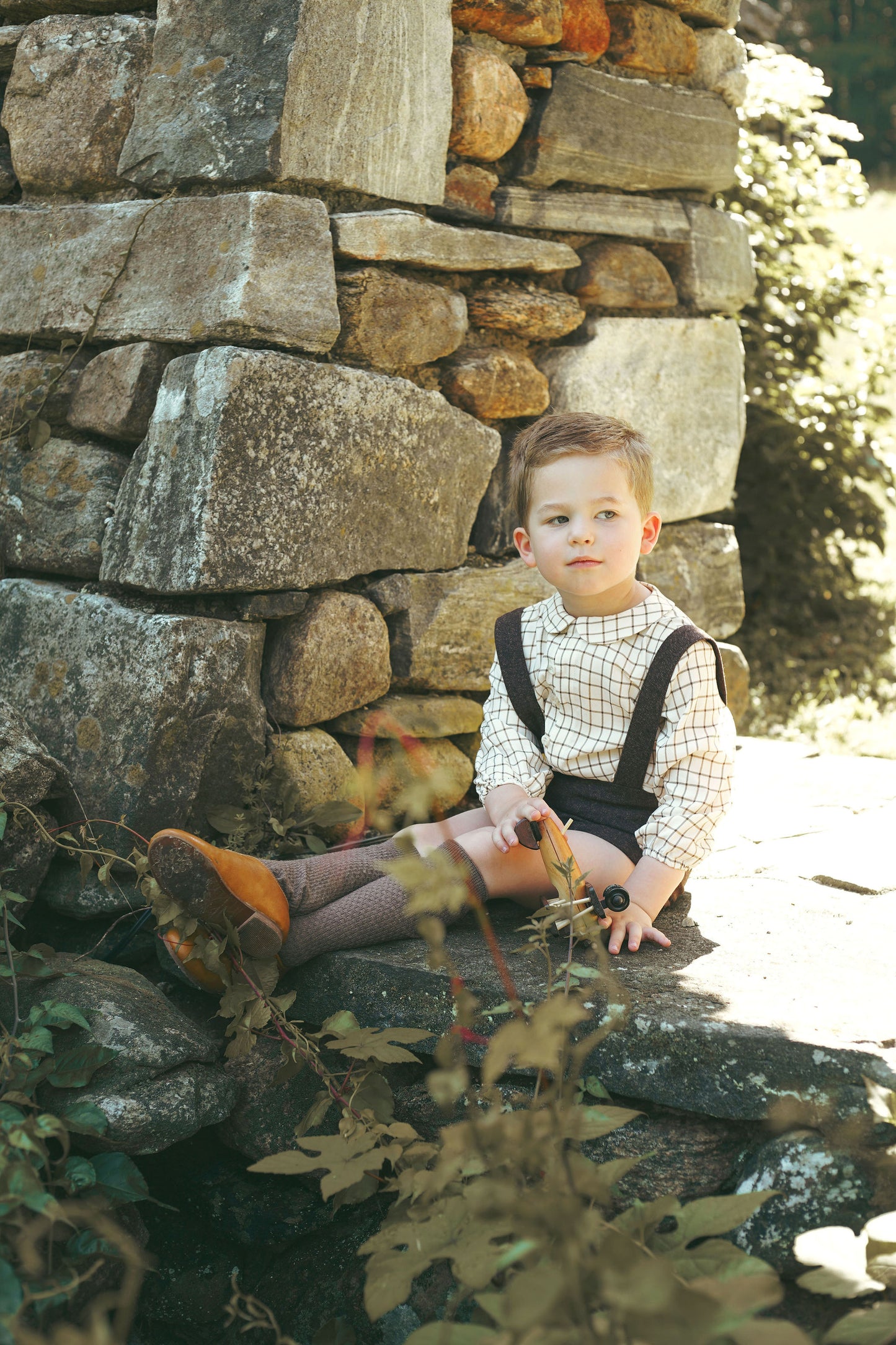 LE BOURDON BEIGE/BROWN WINDOWPANE PETER PAN BLOUSE
