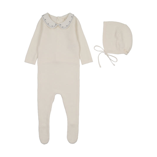 LILETTE CREAM/BLUE EMBROIDERED KNIT COLLAR FOOTIE SET