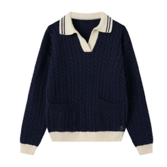 COCO BLANC NAVY/CREAM TRIM CABLE KNIT COLLAR SWEATER