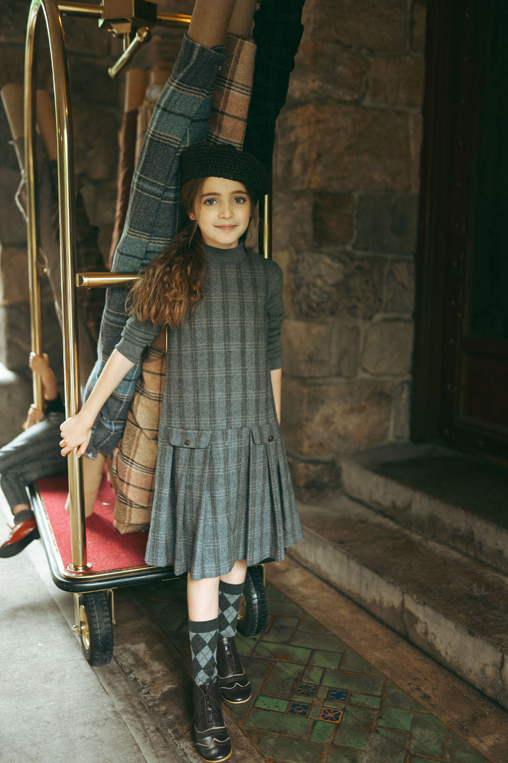 SWEET THREADS CHARCOAL PLAID PLEATED POCKET JUMPER