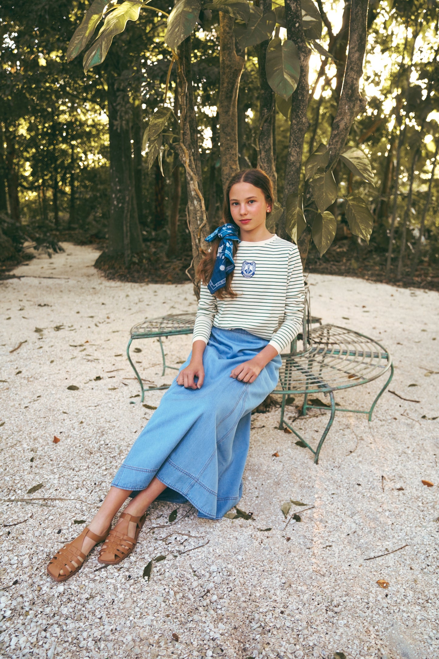 COCO BLANC BLUE DENIM STITCHED MIDI SKIRT