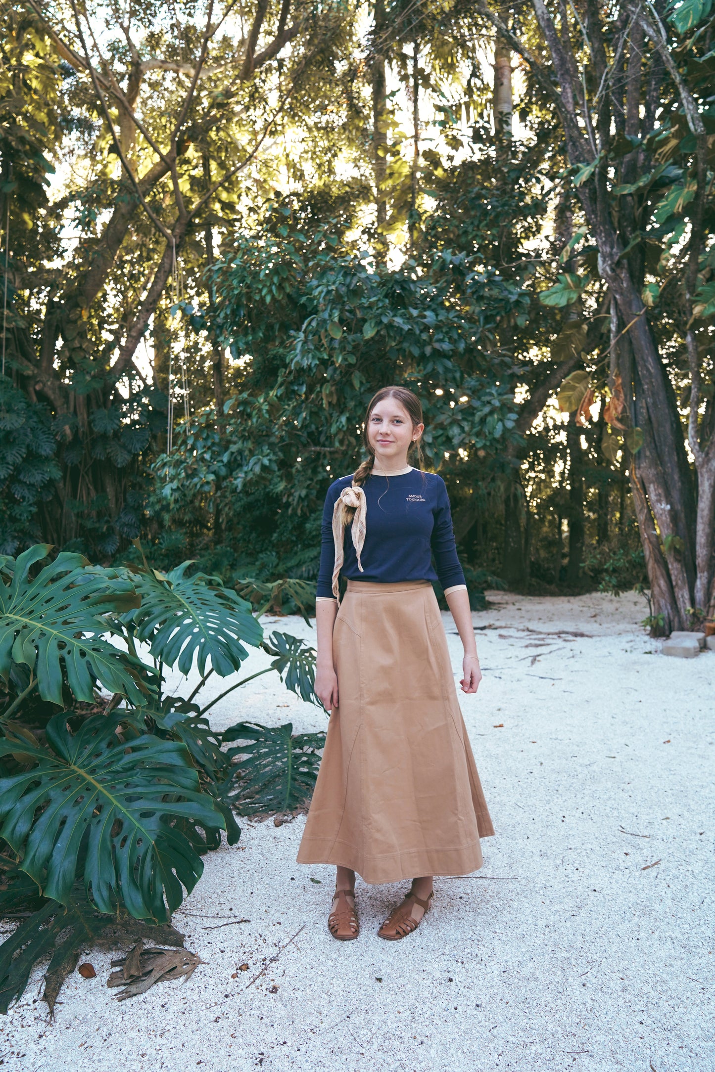 COCO BLANC TAN DENIM STITCHED MIDI SKIRT