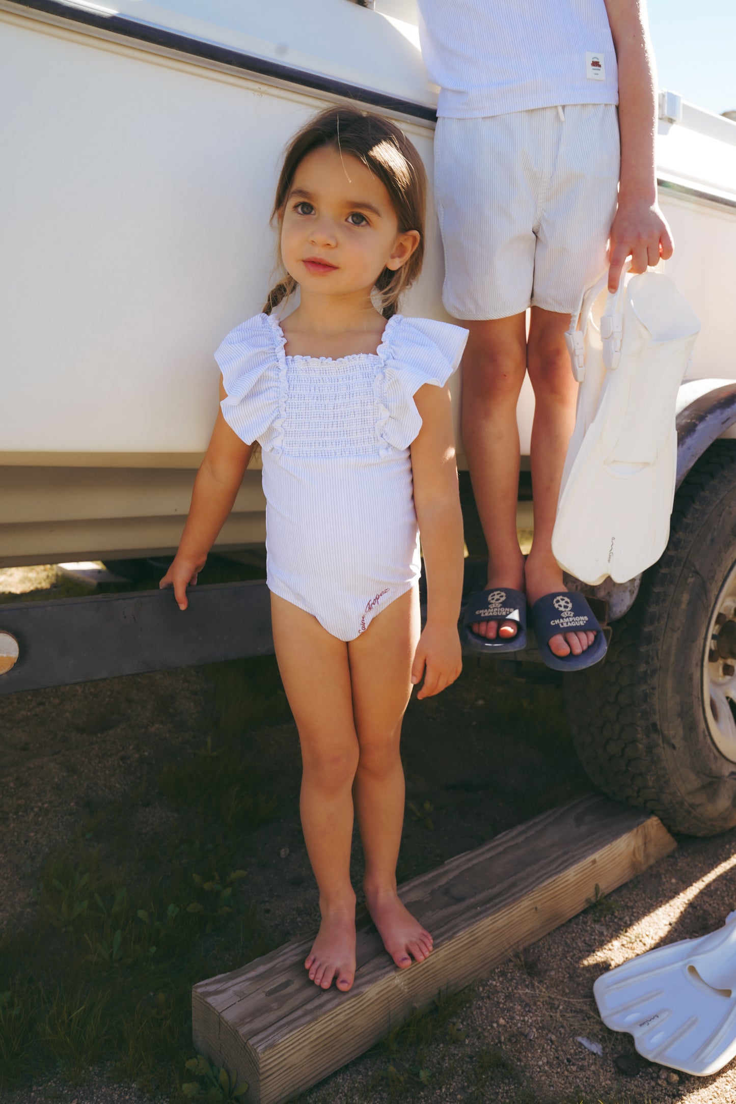 COCO BLANC STRIPE RUCHED SWIMSUIT