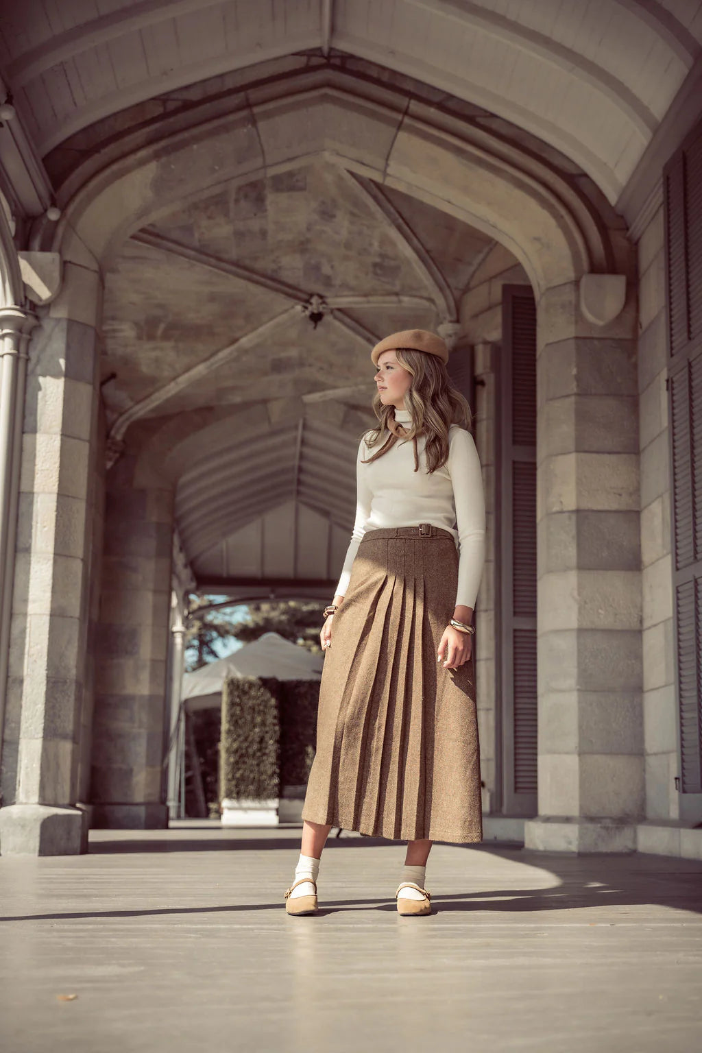 COCO BLANC MOCHA HERRINGBONE SIDE BUCKLE SKIRT