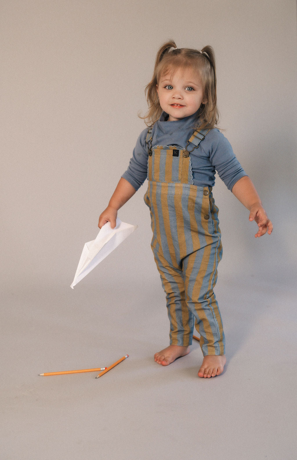 KIX BLUE/YELLOW STRIPED SCALLOP TRIM CORDUROY OVERALLS