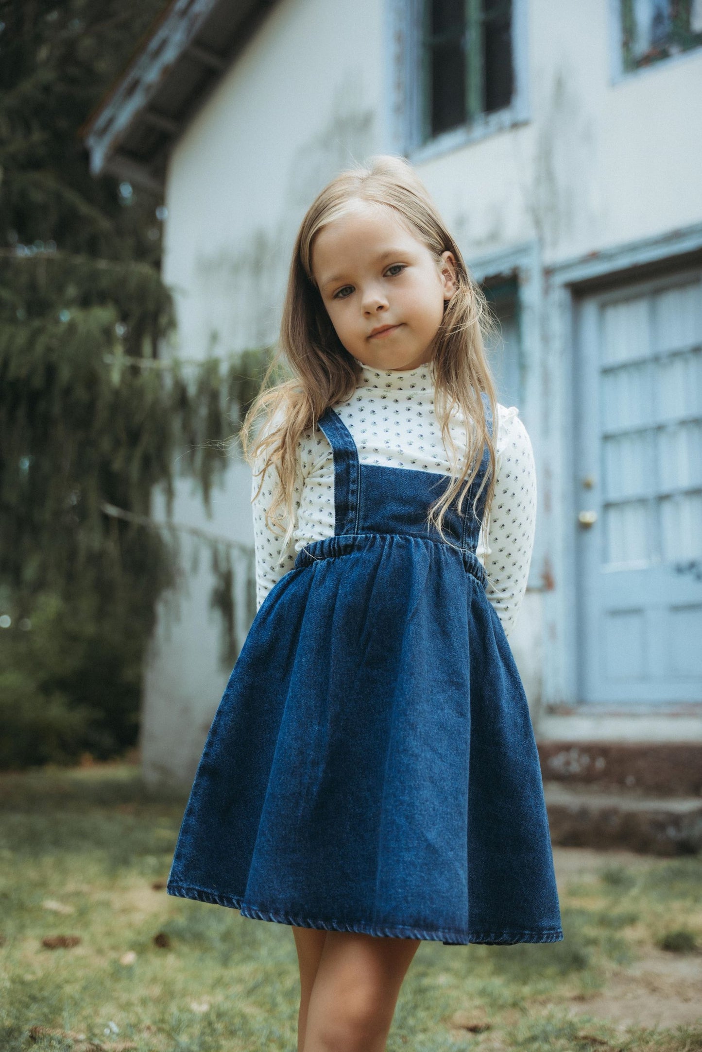 KIN & KIN MID BLUE CHAMBRAY BIB PLEAT JUMPER