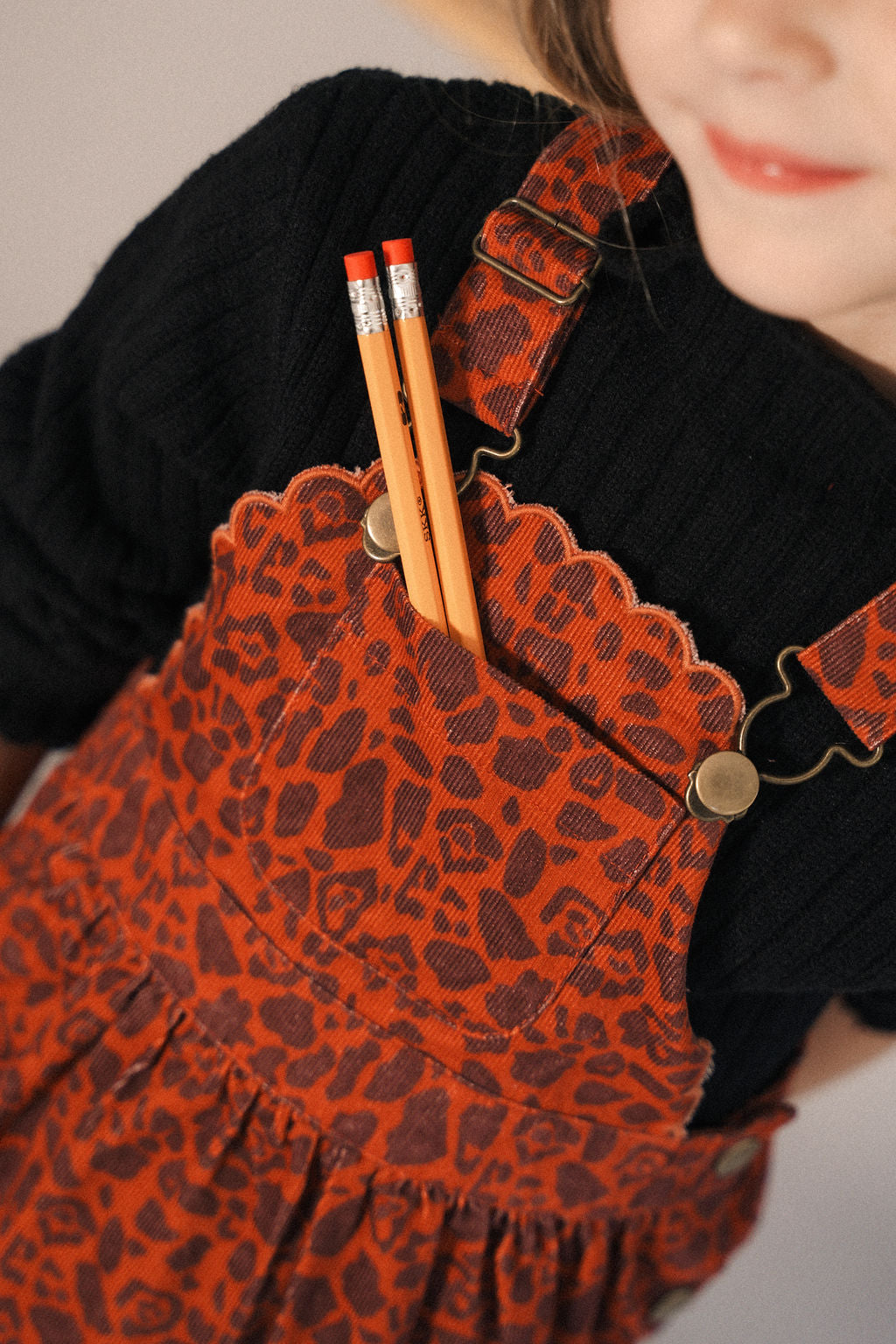 KIX RUBY ANIMAL PRINT SCALLOP TRIM CORDUROY OVERALLS