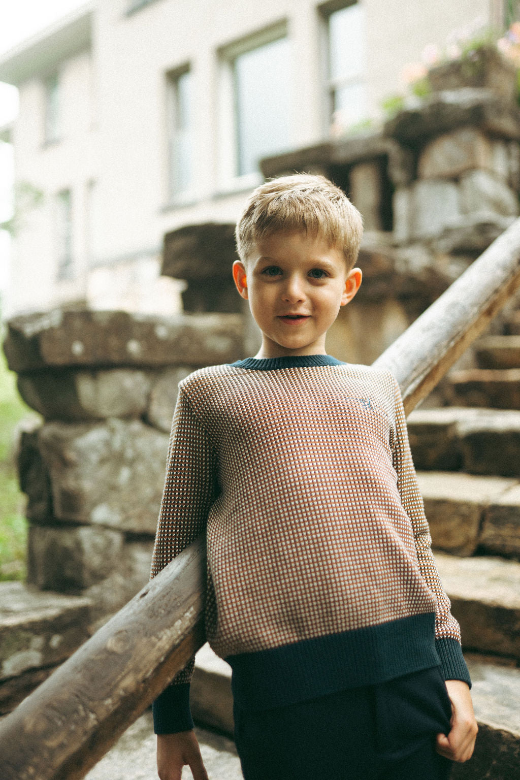 SWEET THREADS CAMEL/NAVY PATTERN KNIT SWEATER