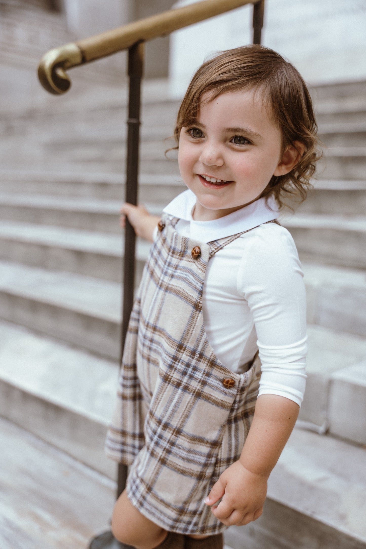 COCO BLANC CAMEL/NAVY PLAID BUTTON OVERALLS