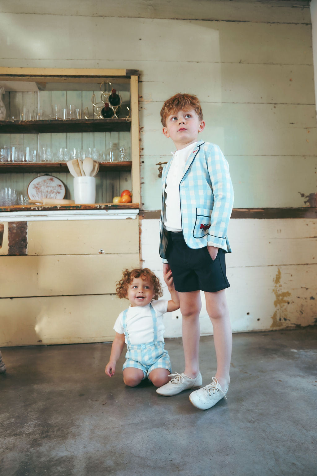 LE BOURDON LIGHT BLUE CHECKED H FRONT SUSPENDER SHORTS