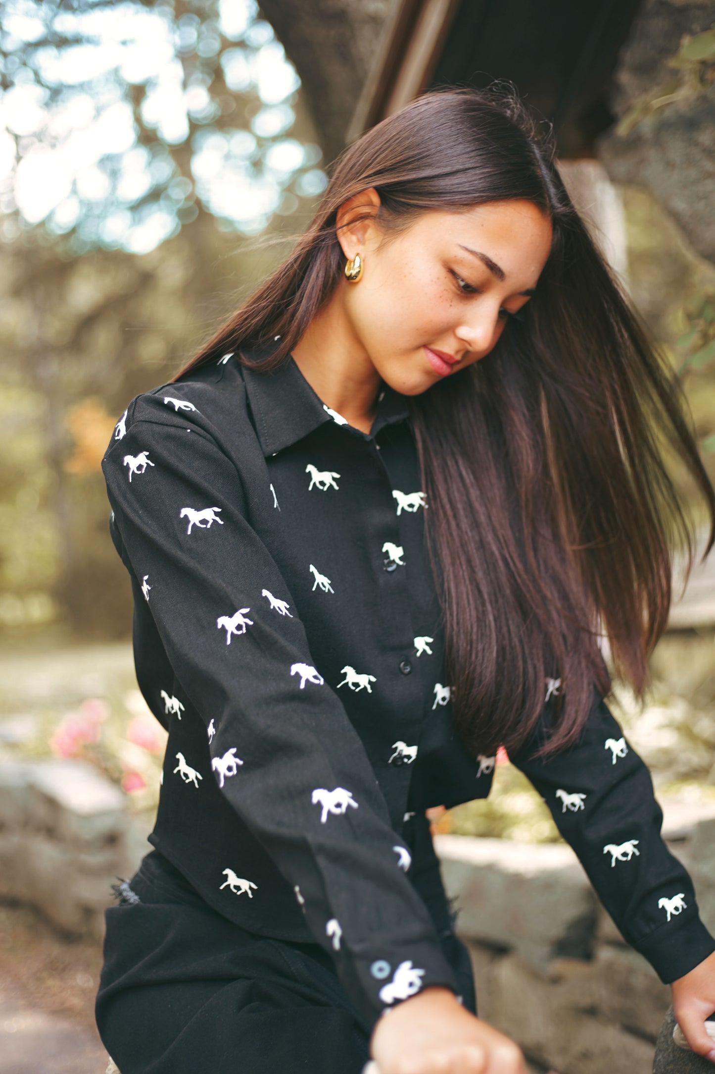 URBAN EDGE BLACK DENIM HORSE PRINT BLOUSE