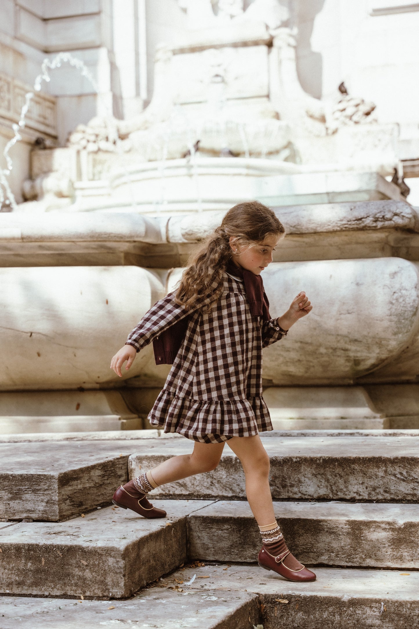COCO BLANC BURGUNDY GINGHAM PETER PAN COLLAR TIERED DRESS