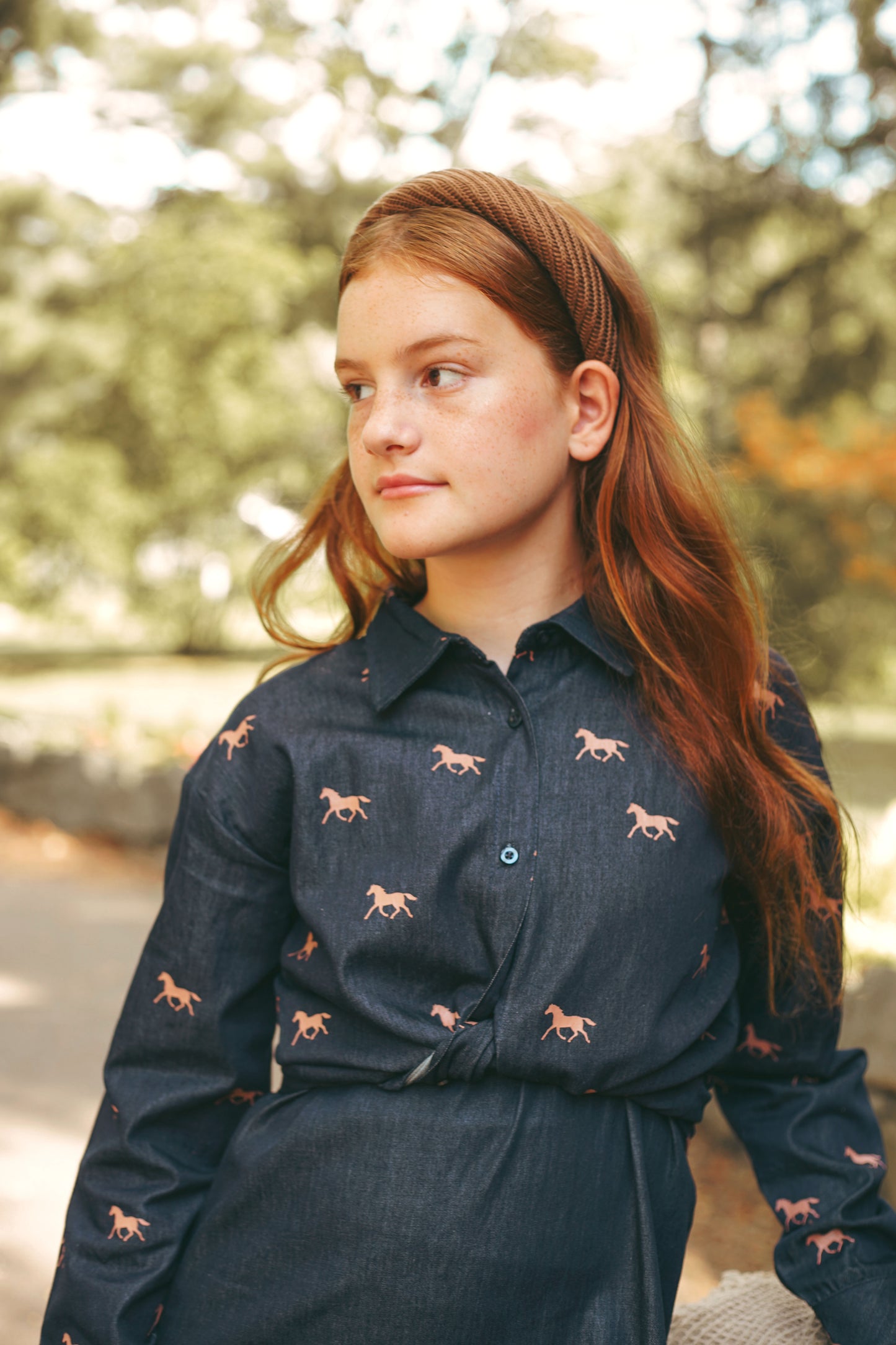 URBAN EDGE BLUE DENIM HORSE PRINT BLOUSE