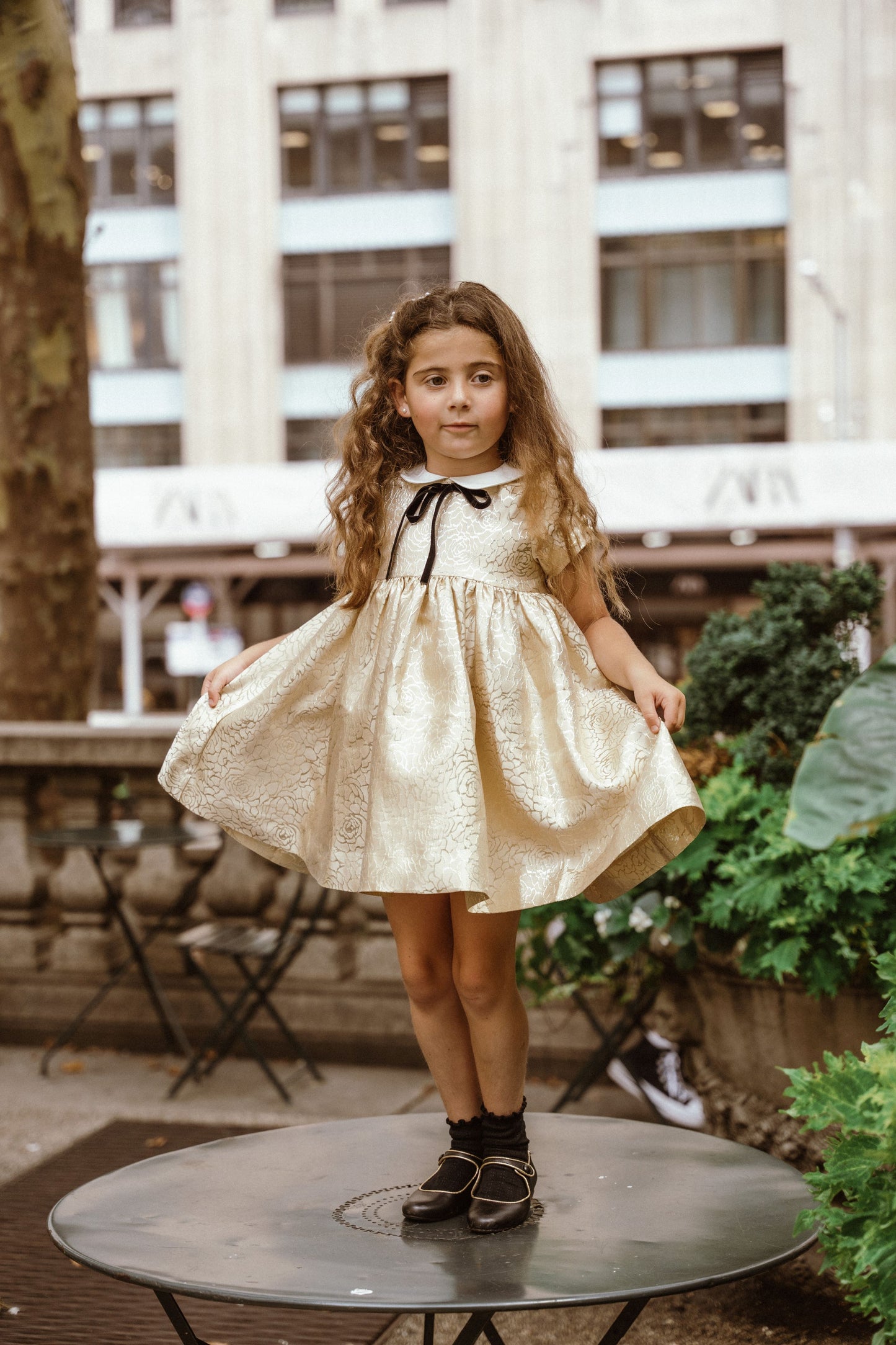 COCO BLANC GOLD JACQUARD PETER PAN COLLAR BOW DRESS
