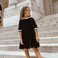 COCO BLANC BLACK/WHITE TRIM VELVET PLEATED COLLAR DRESS