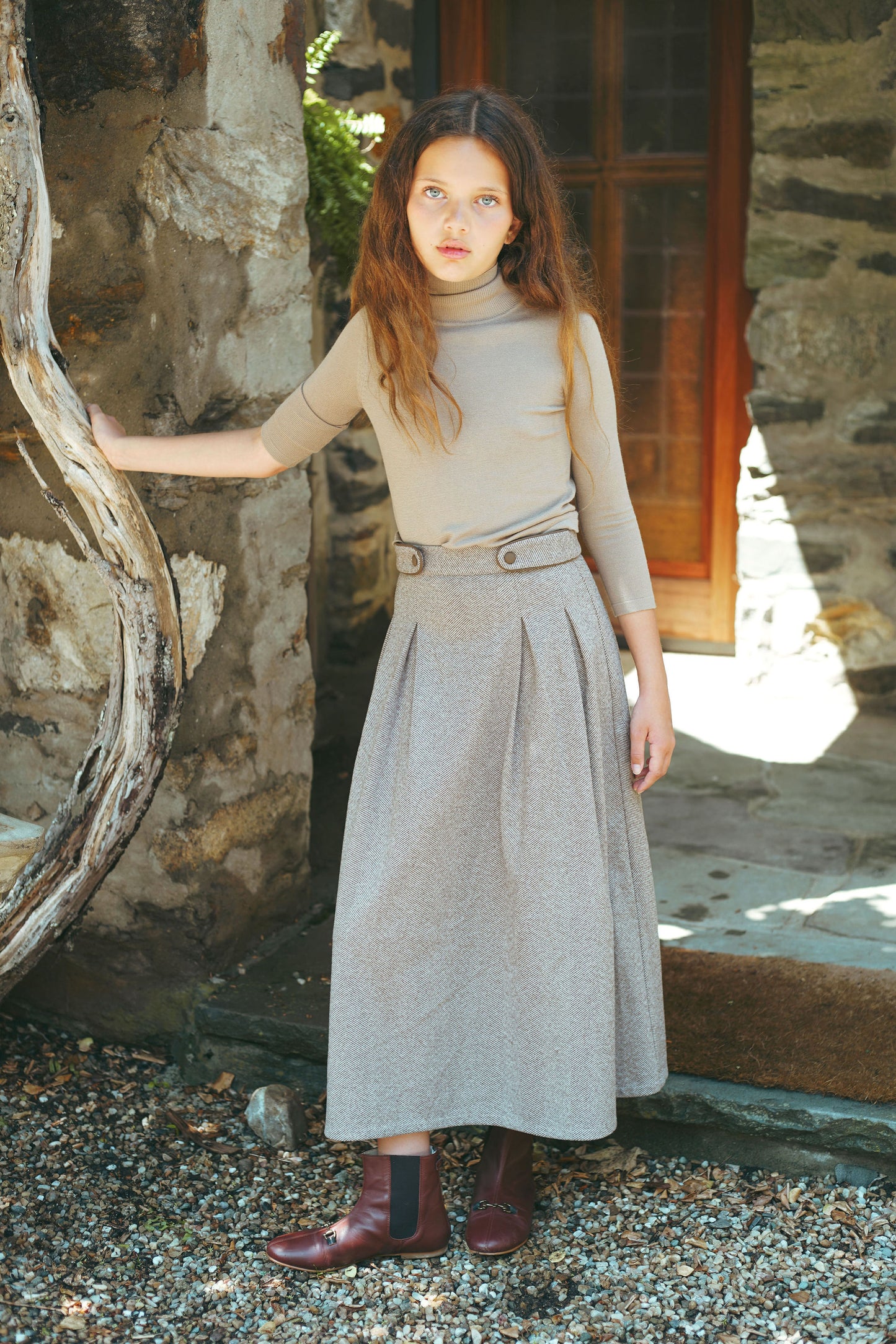 BACE COLLECTION BEIGE HERRINGBONE BUTTON DETAIL SKIRT