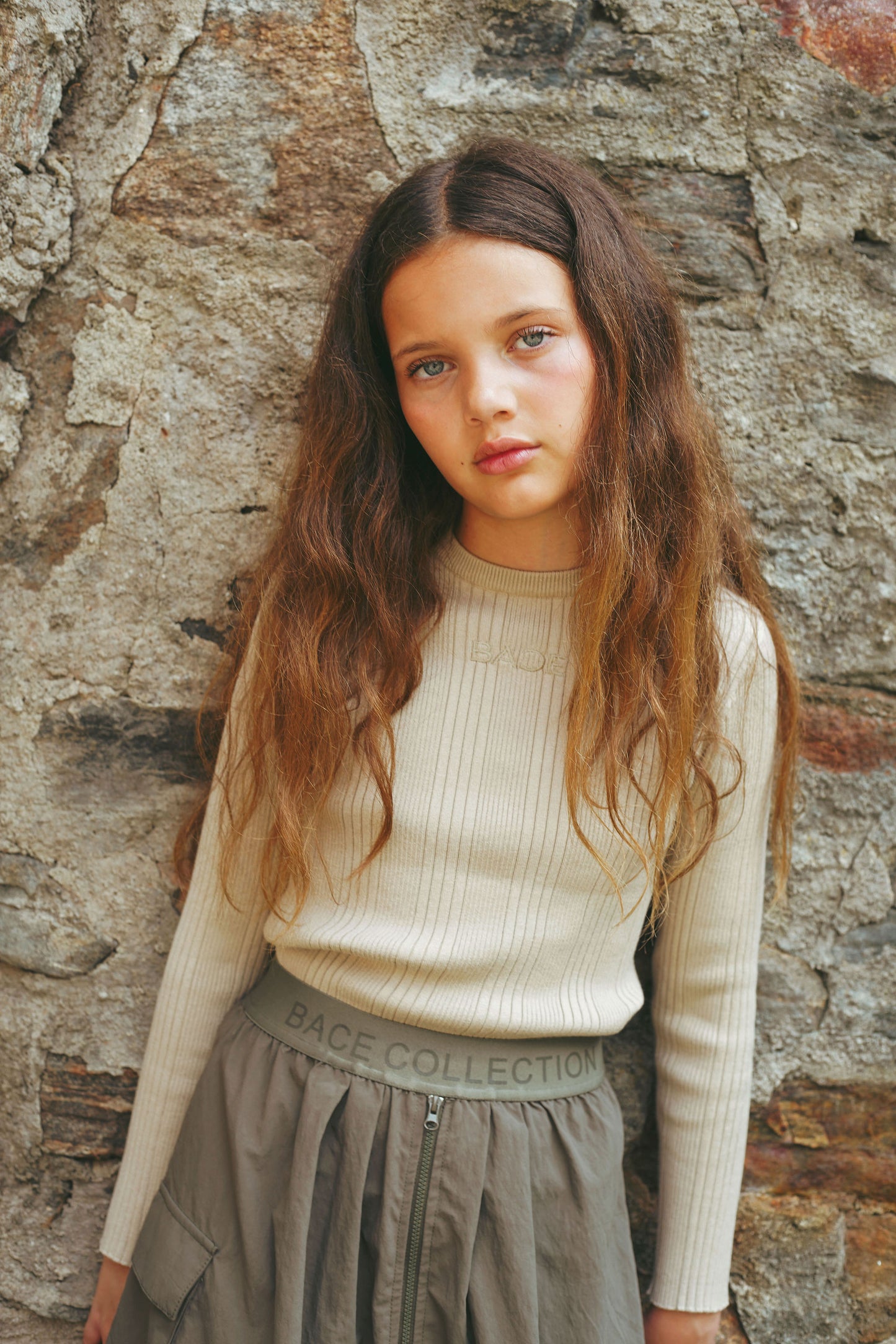 BACE COLLECTION BEIGE RIBBED KNIT EMBROIDERED SWEATER