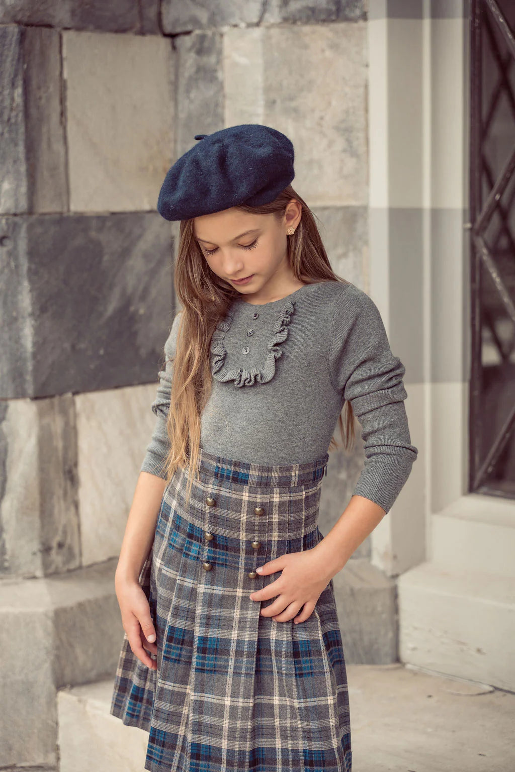 COCO BLANC GREY/BLUE PLAID BUTTON SKIRT