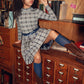 BACE COLLECTION NAVY CHECKED GATHERED PLEAT SKIRT