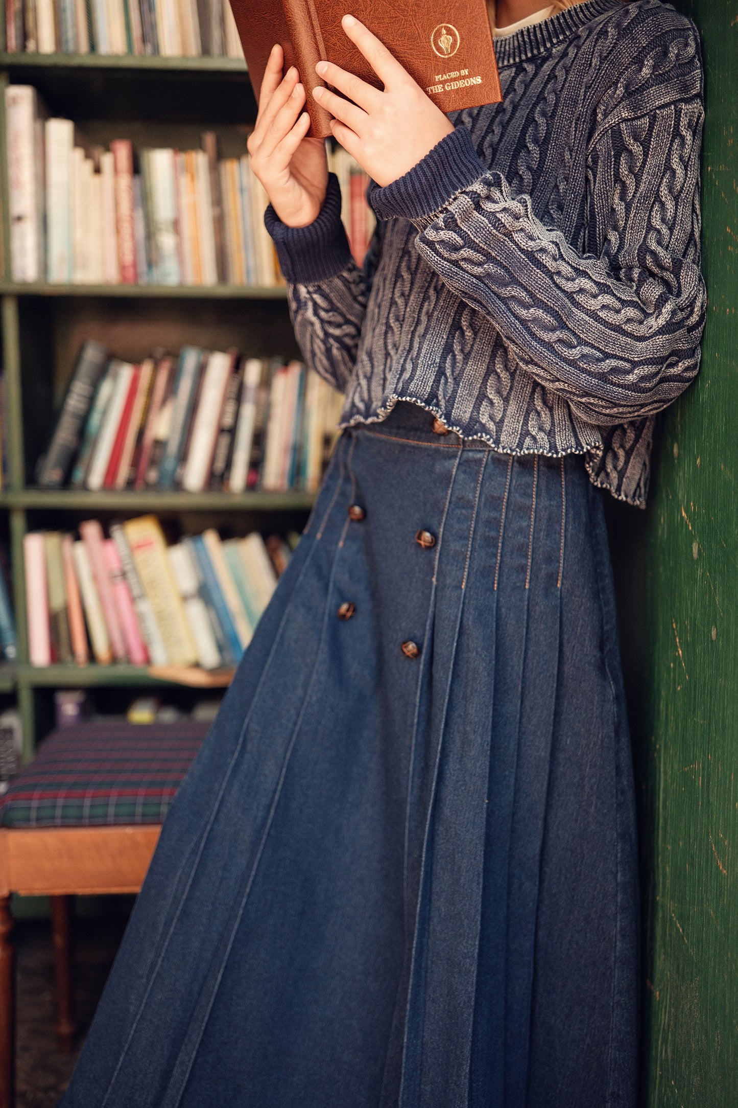 BACE COLLECTION BLUE DENIM PLEAT BUTTON MAXI SKIRT