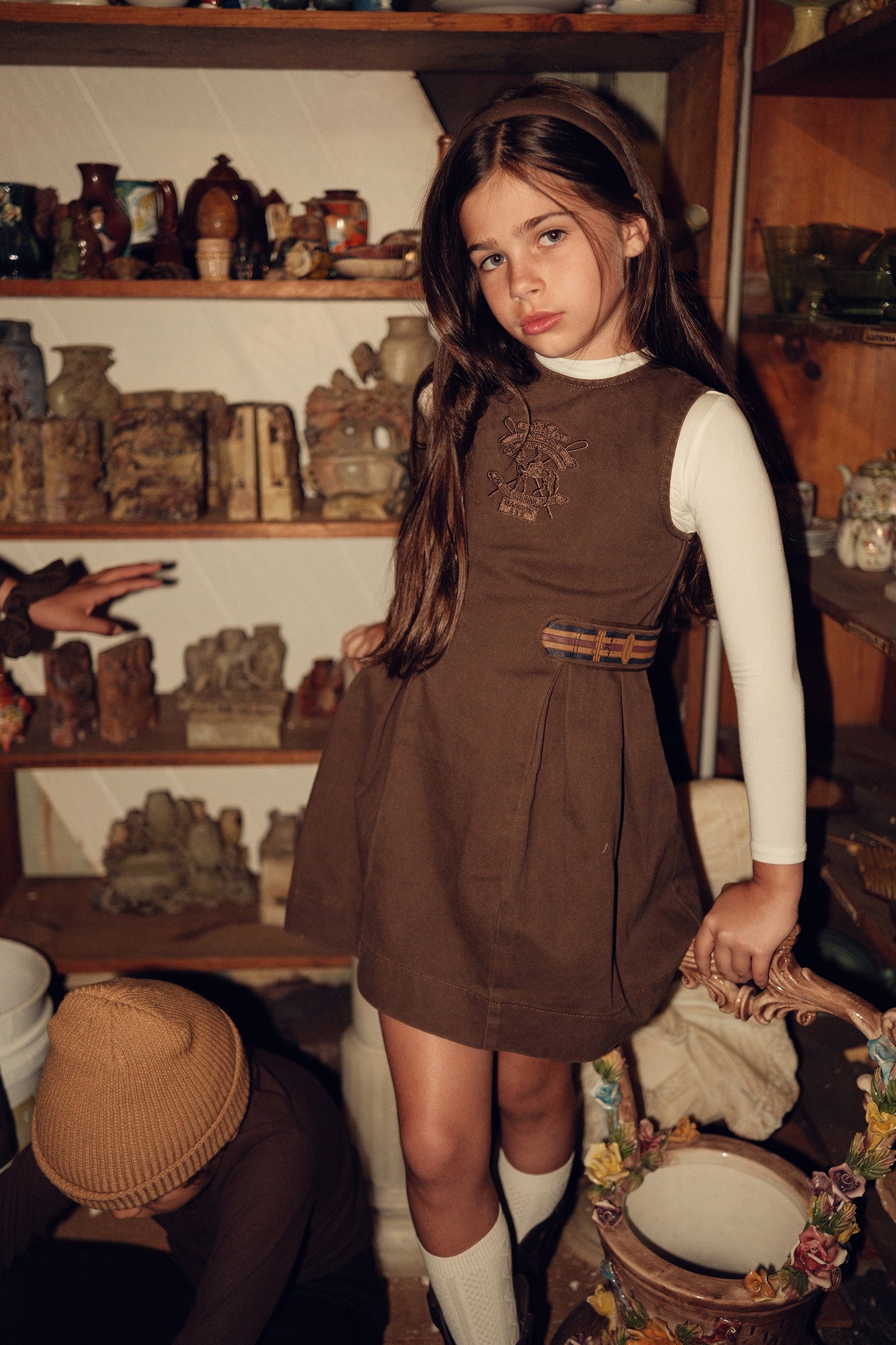 BACE COLLECTION BROWN DENIM EMBROIDERED PLEAT JUMPER