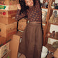 BACE COLLECTION BROWN DENIM EMBROIDERED PLEAT SKIRT